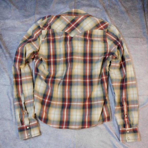 Hollister Shirt Large Tan/Red Plaid Western Pearl Snap Button Down Men's - Picture 2 of 3